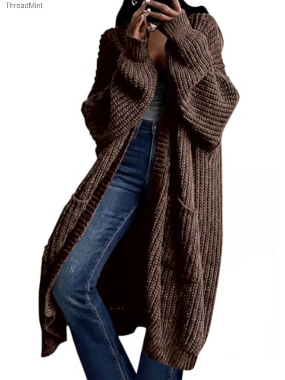 Women's Oversized Long Knit Cardigan Sweater Coat Open Front Pockets